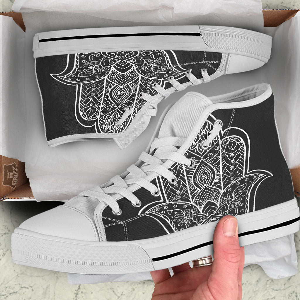 Hamsa White And Black Print White High Top Shoes-grizzshop