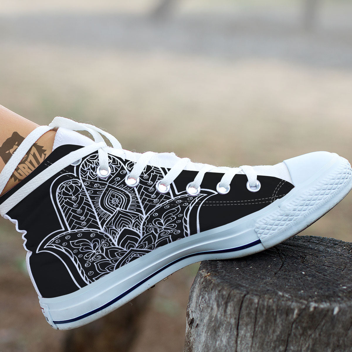 Hamsa White And Black Print White High Top Shoes-grizzshop