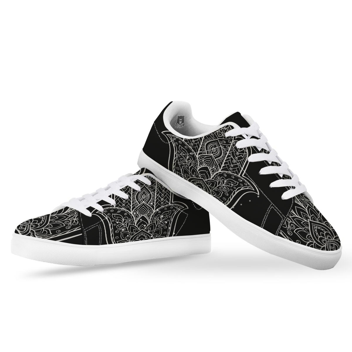 Hamsa White And Black Print White Low Top Sneakers-grizzshop