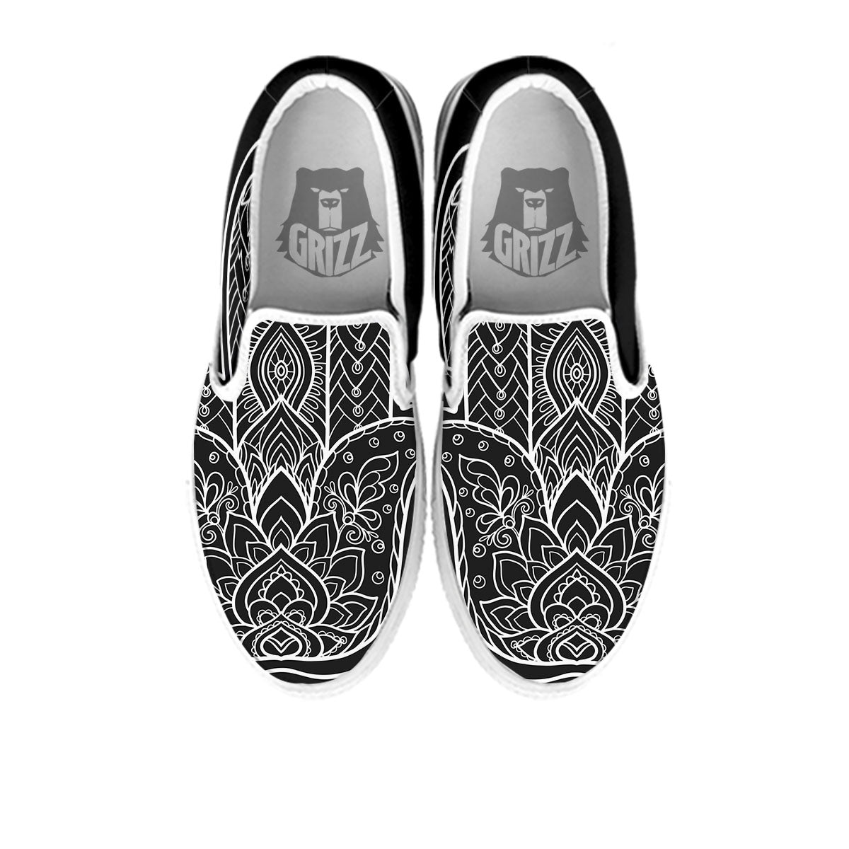 Hamsa White And Black Print White Slip On Shoes-grizzshop