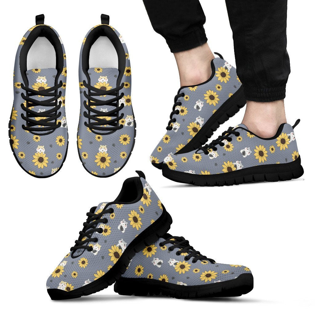 Hamster Sunflower Pattern Print Black Sneaker Shoes For Men Women-grizzshop