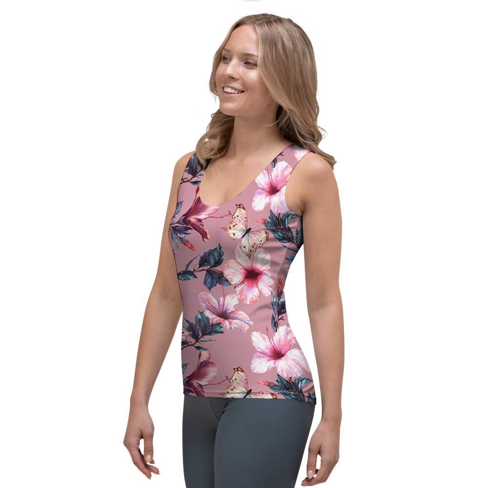 Hand Drawn Hibiscus Print Women's Tank Top-grizzshop