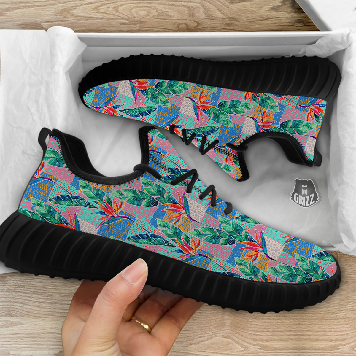 Hand Drawn Watercolor Tropical Print Pattern Black Walking Shoes-grizzshop
