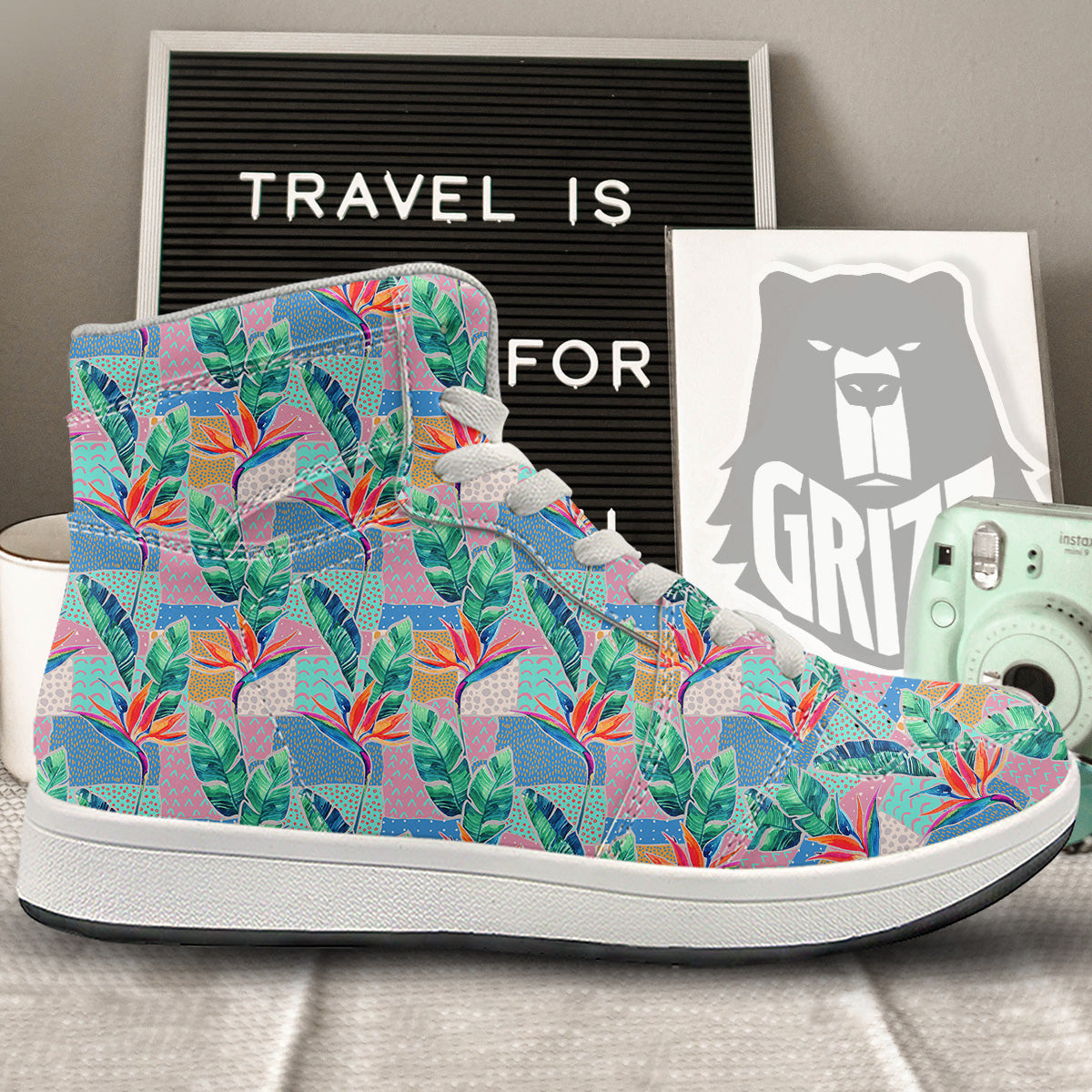 Hand Drawn Watercolor Tropical Print Pattern High Top Sneakers-grizzshop