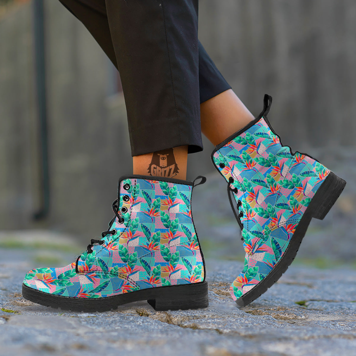 Hand Drawn Watercolor Tropical Print Pattern Leather Boots-grizzshop