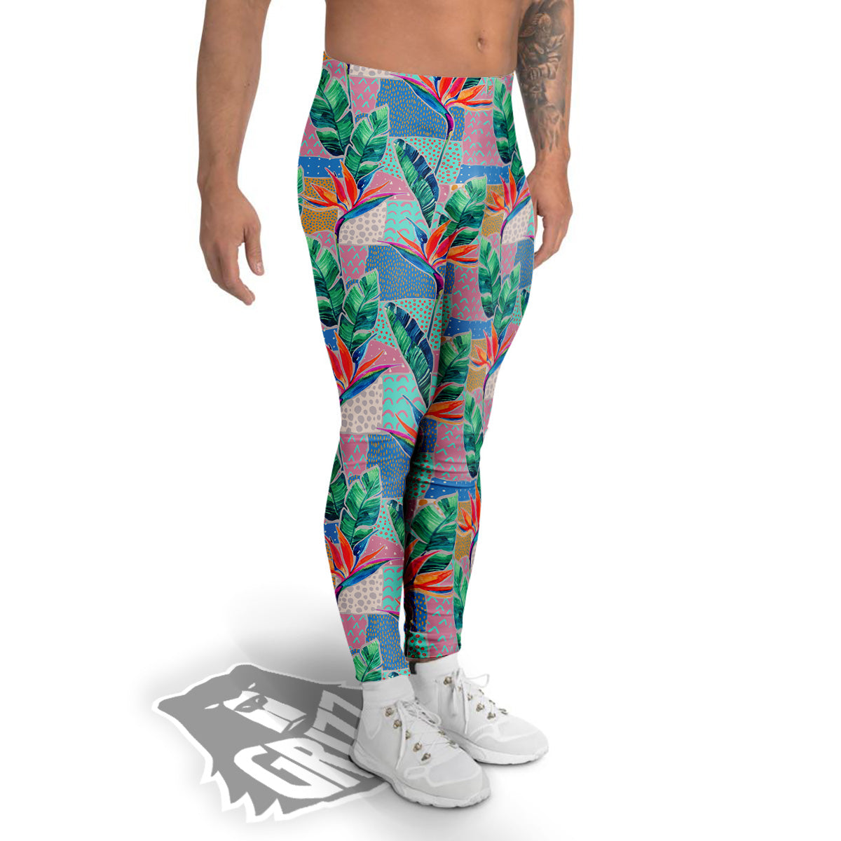 Hand Drawn Watercolor Tropical Print Pattern Men's Leggings-grizzshop