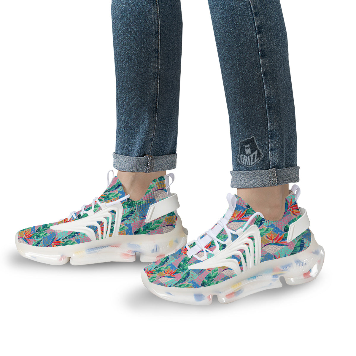Hand Drawn Watercolor Tropical Print Pattern White Gym Shoes-grizzshop