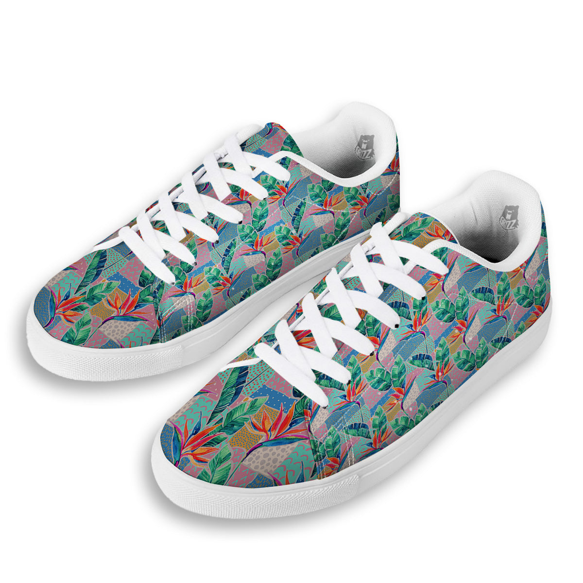 Hand Drawn Watercolor Tropical Print Pattern White Low Top Sneakers-grizzshop