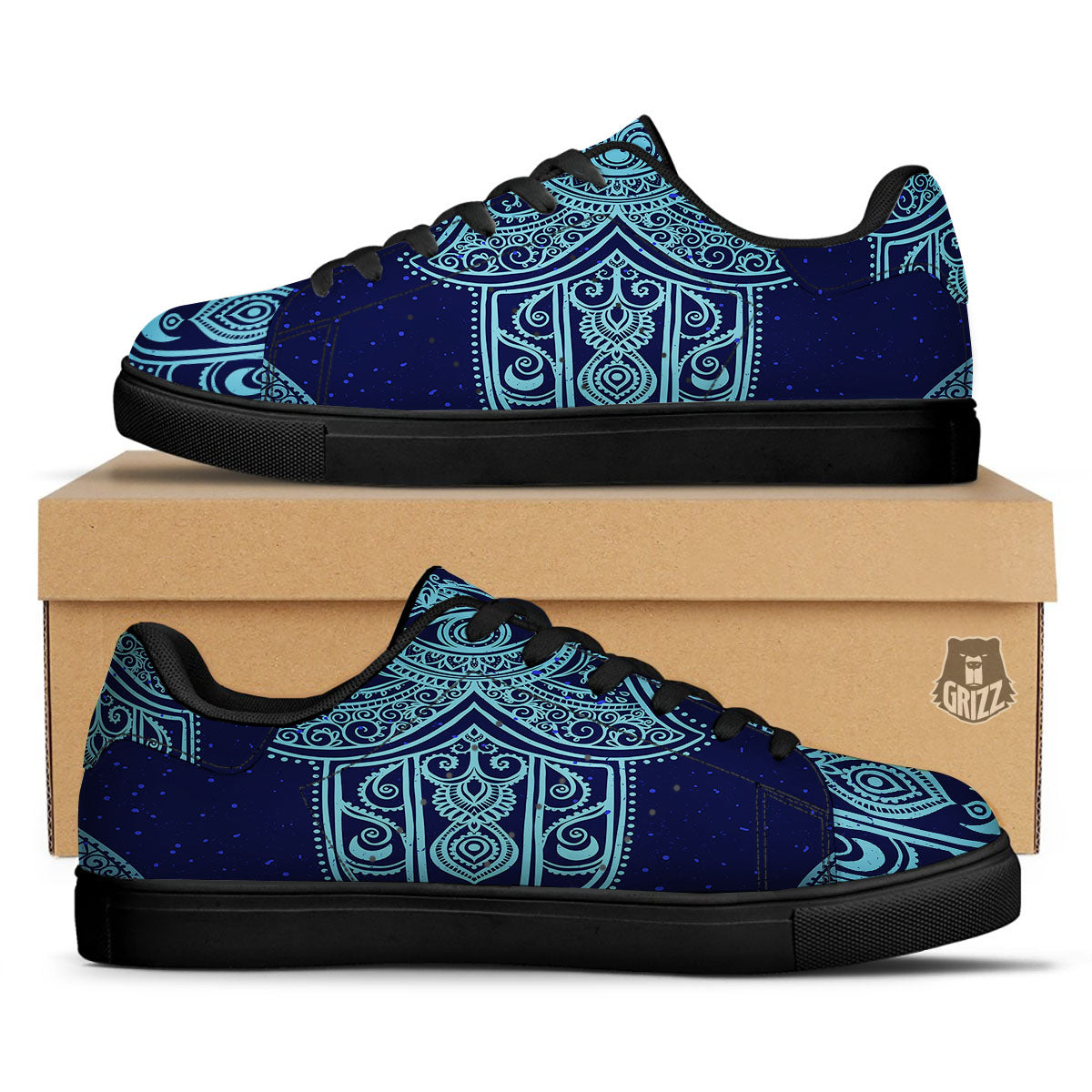 Hand Indian Hamsa Print Black Low Top Sneakers-grizzshop