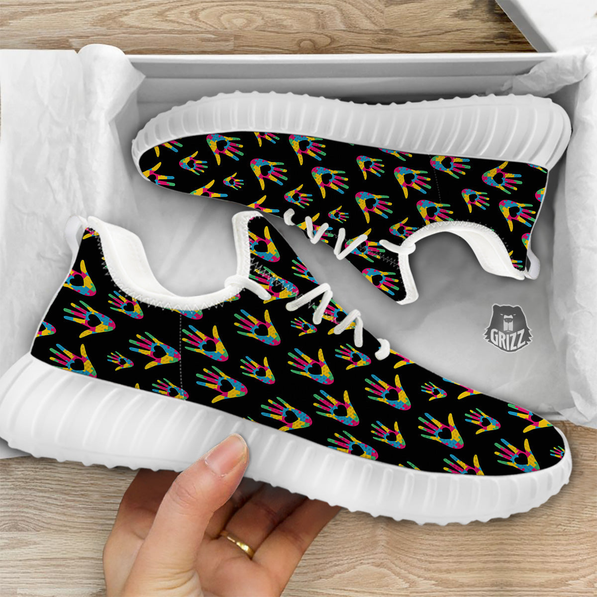 Hand Shaped Autism Day Print Pattern White Walking Shoes-grizzshop