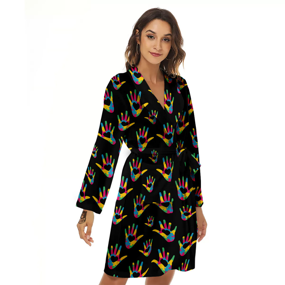 Hand Shaped Autism Day Print Pattern Women's Robe-grizzshop