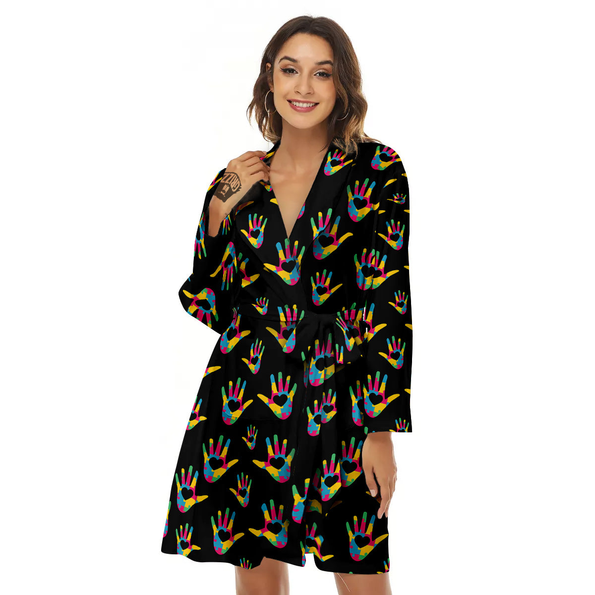 Hand Shaped Autism Day Print Pattern Women's Robe-grizzshop