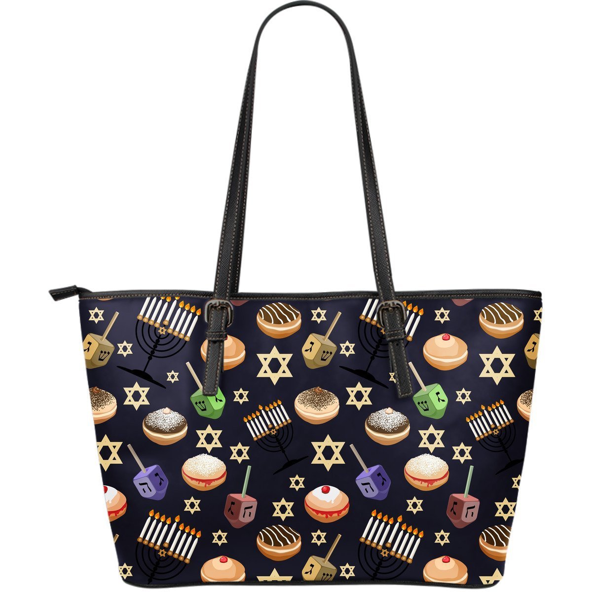 Hanukkah Black Print Pattern Leather Tote Bag-grizzshop