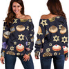 Hanukkah Black Print Pattern Women Off Shoulder Sweatshirt-grizzshop