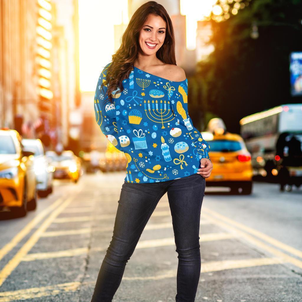 Hanukkah Print Pattern Women Off Shoulder Sweatshirt-grizzshop