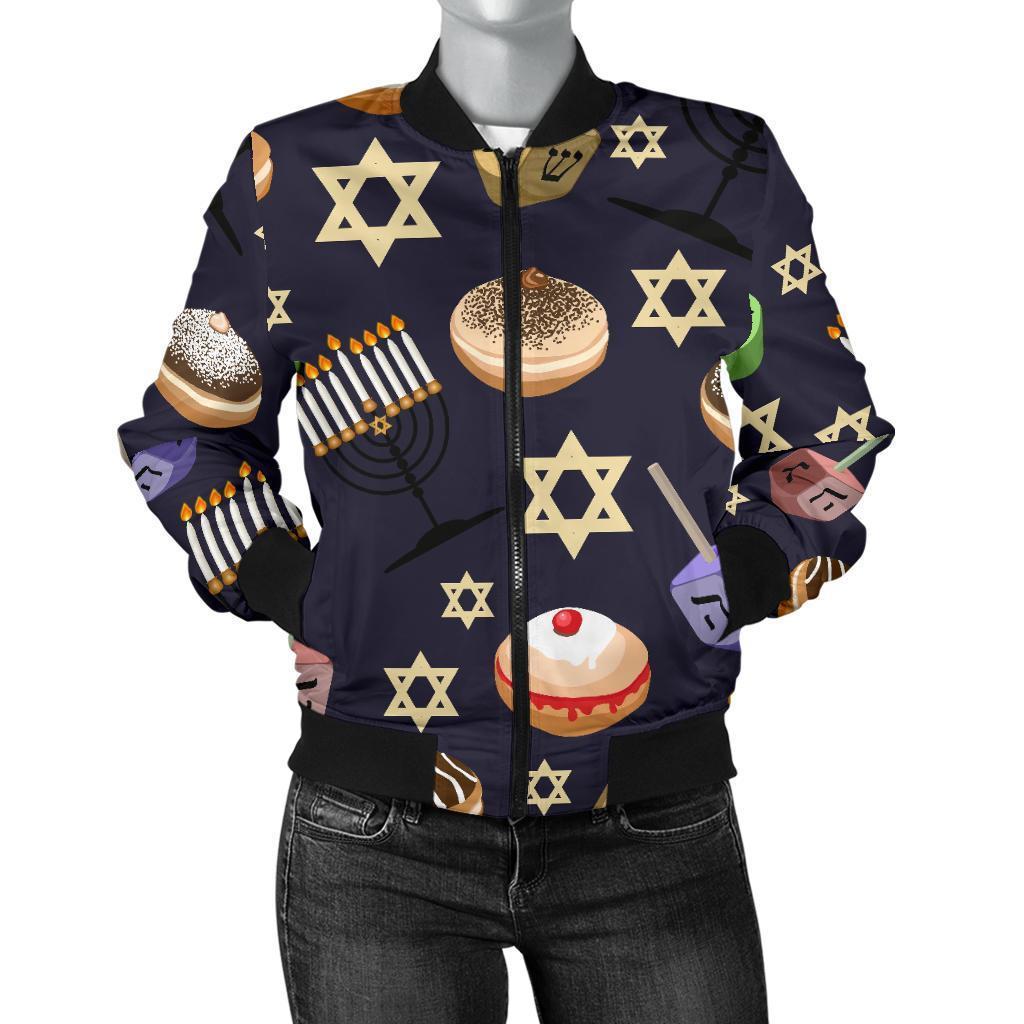 Hanukkah Black Print Pattern Women Casual Bomber Jacket-grizzshop