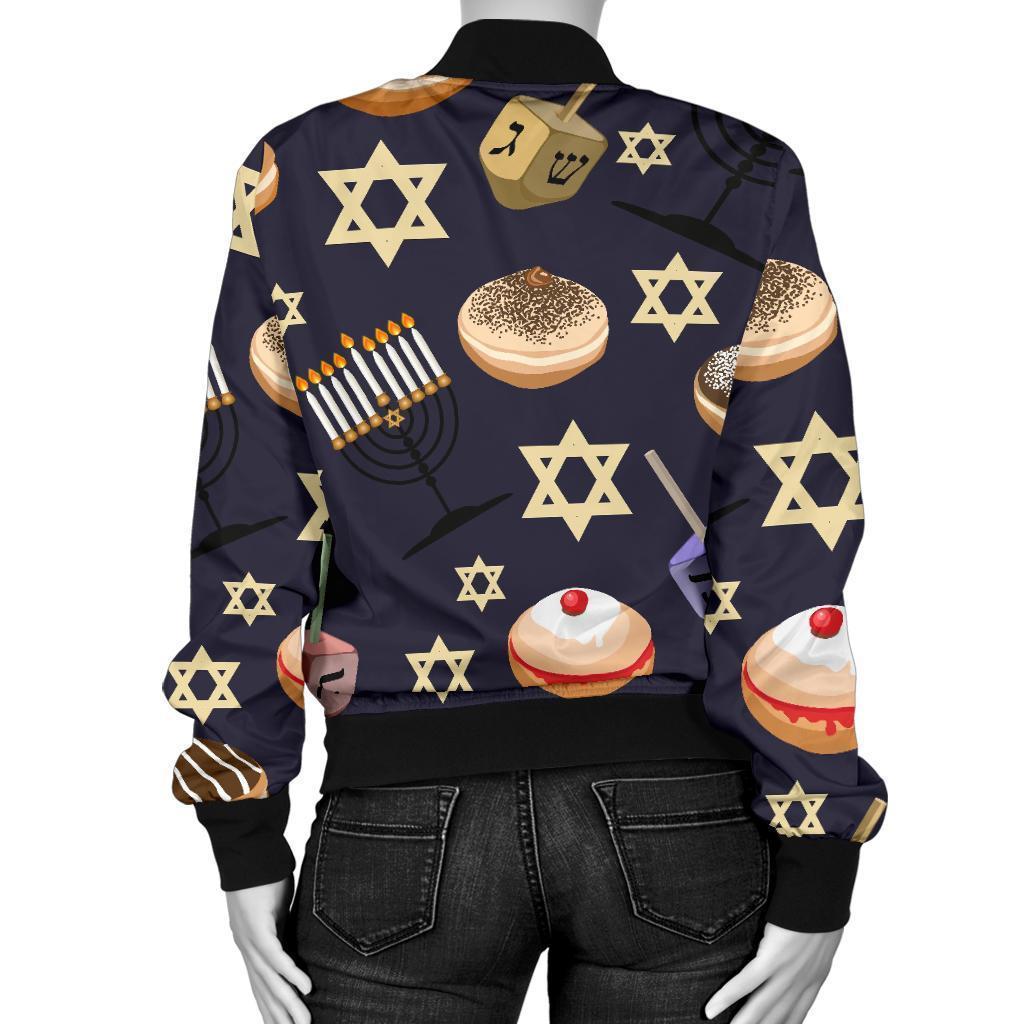 Hanukkah Black Print Pattern Women Casual Bomber Jacket-grizzshop