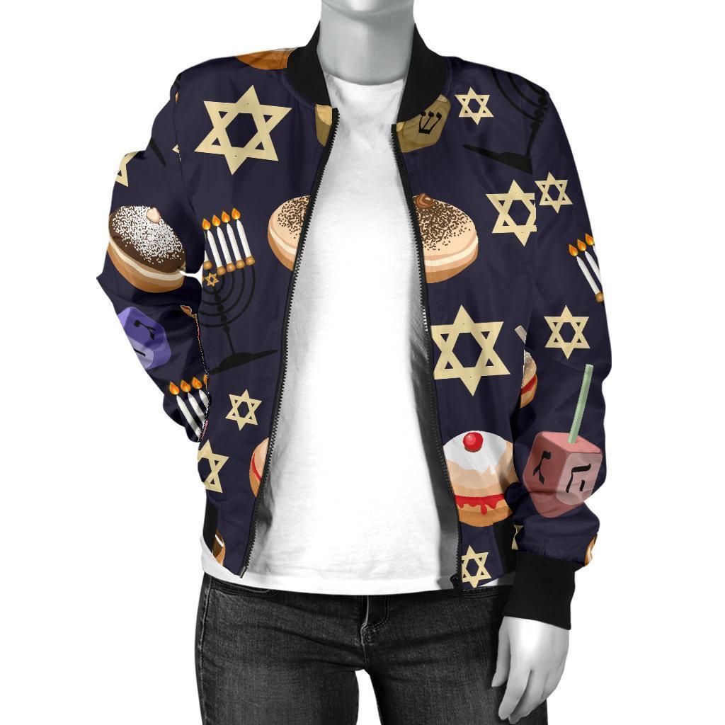 Hanukkah Black Print Pattern Women Casual Bomber Jacket-grizzshop