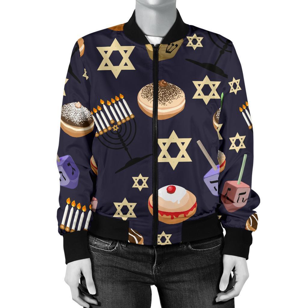 Hanukkah Black Print Pattern Women Casual Bomber Jacket-grizzshop