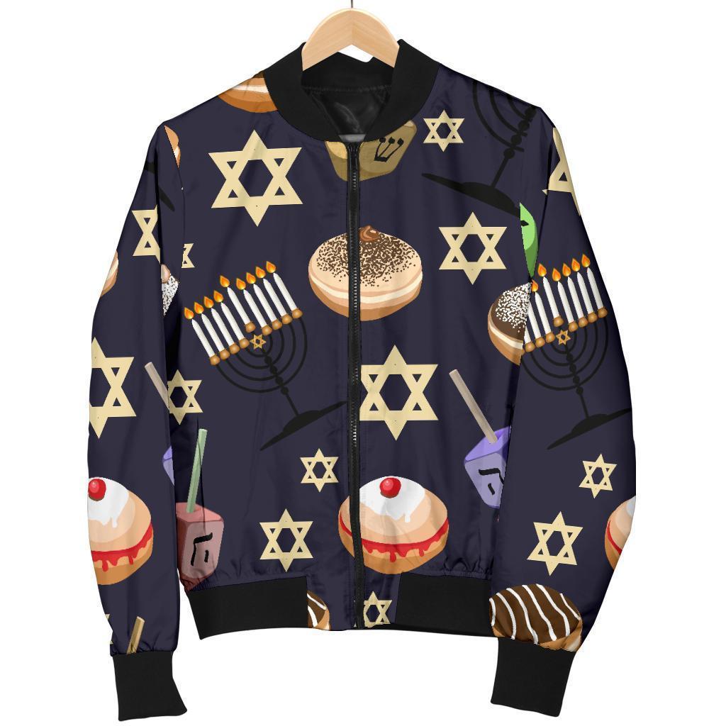 Hanukkah Black Print Pattern Women Casual Bomber Jacket-grizzshop