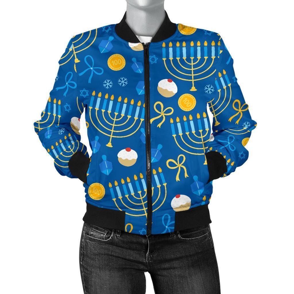 Hanukkah Pattern Print Women Casual Bomber Jacket-grizzshop