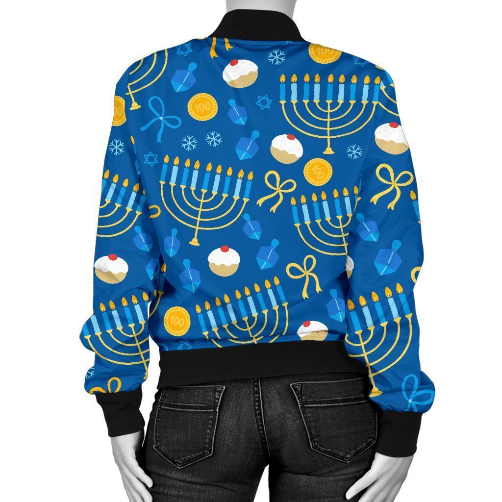 Hanukkah Pattern Print Women Casual Bomber Jacket-grizzshop