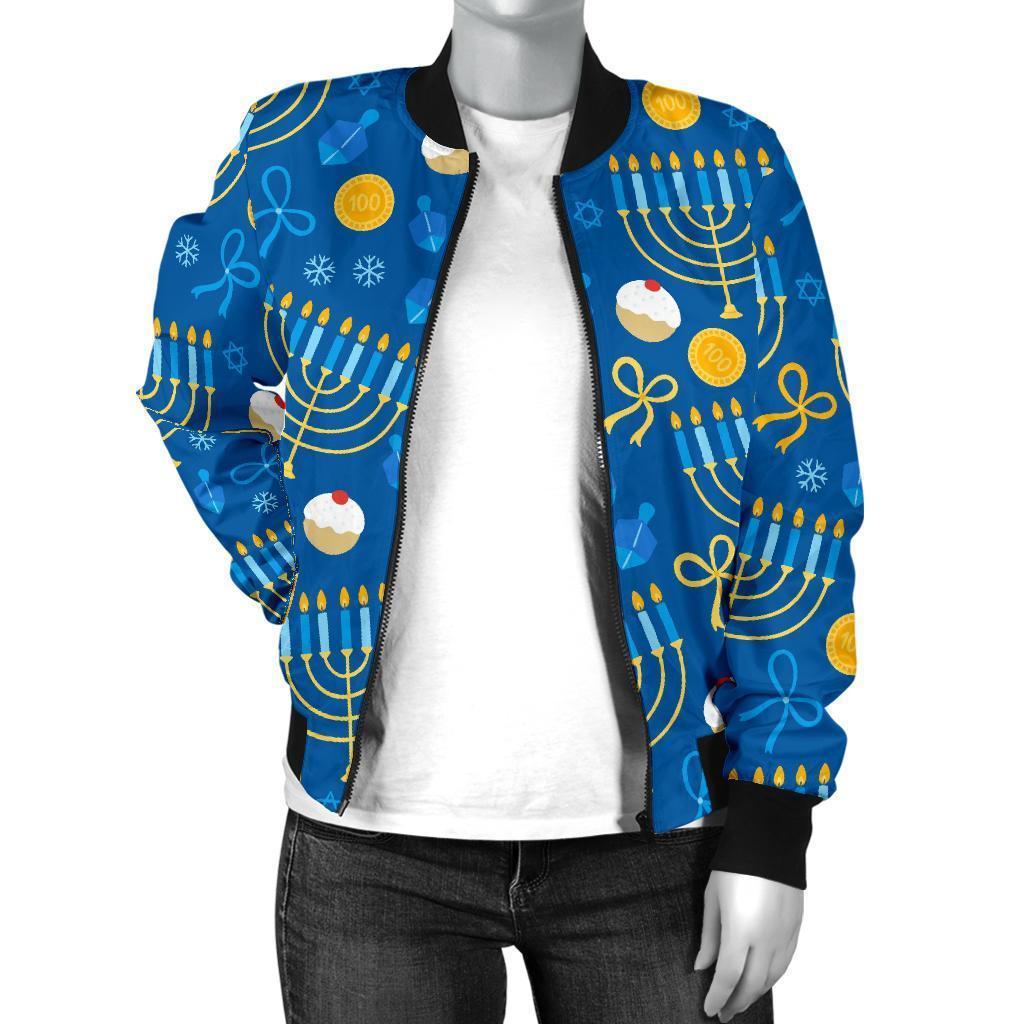 Hanukkah Pattern Print Women Casual Bomber Jacket-grizzshop