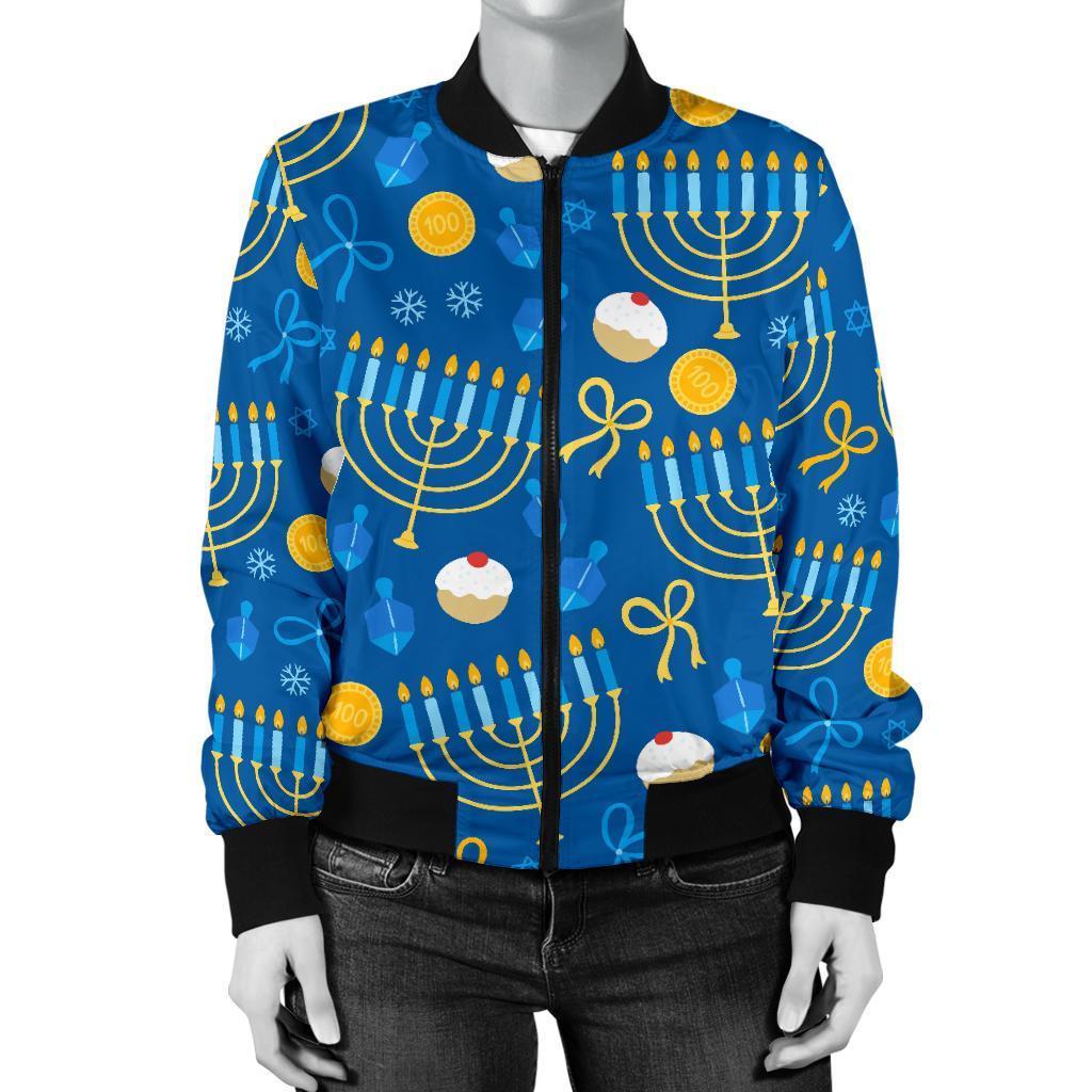 Hanukkah Pattern Print Women Casual Bomber Jacket-grizzshop