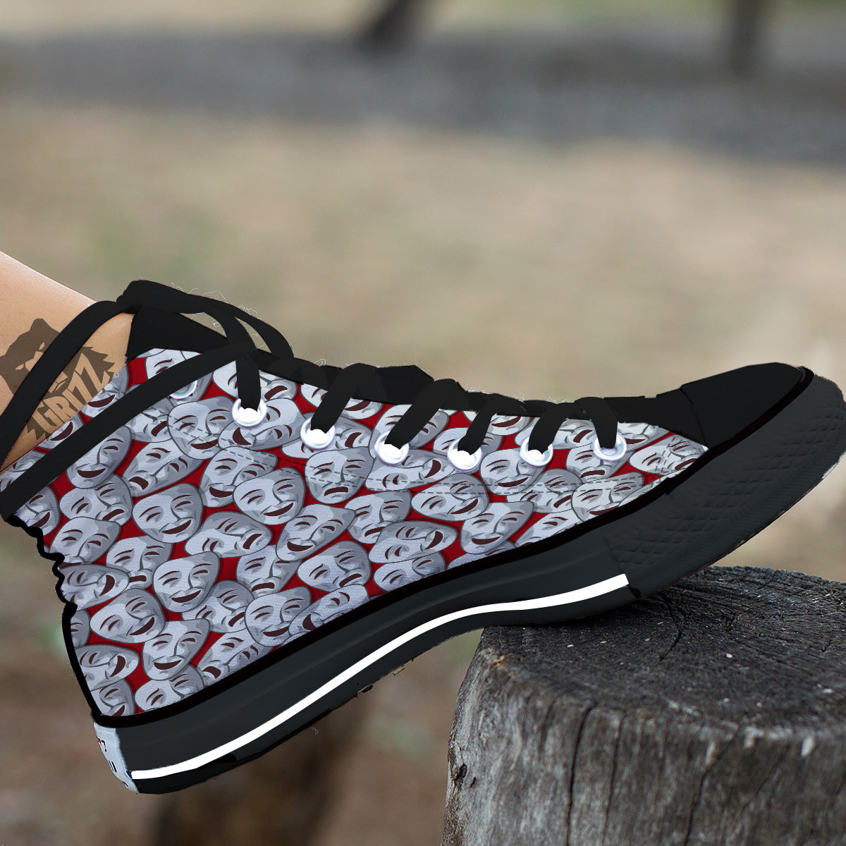 Happy And Sad Theatrical Masks Print Pattern Black High Top Shoes-grizzshop