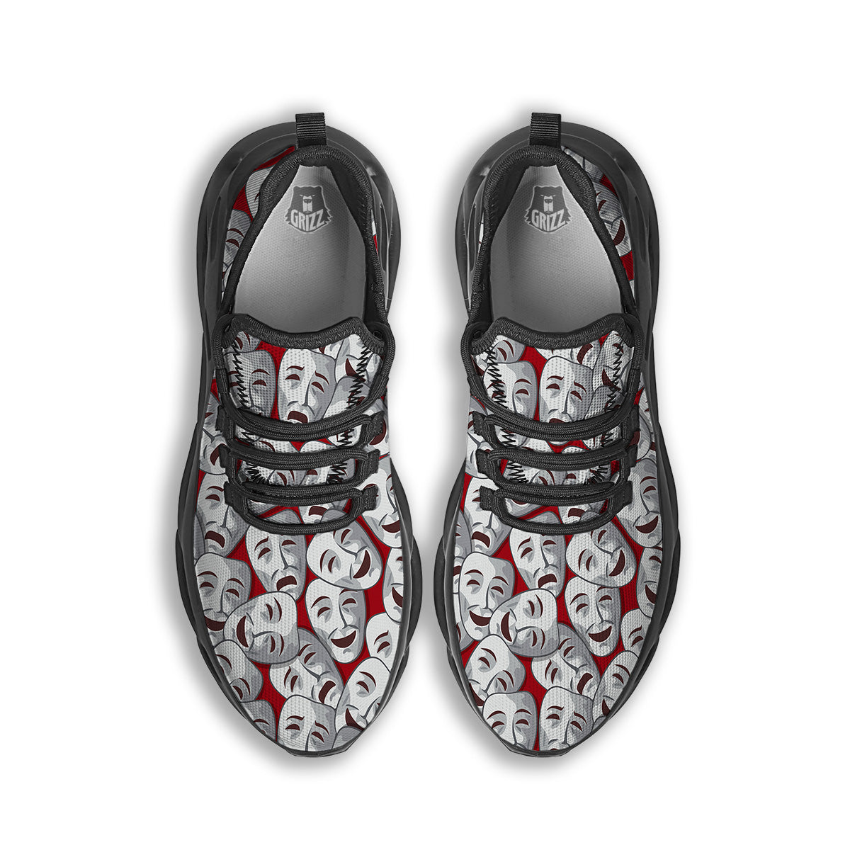 Happy And Sad Theatrical Masks Print Pattern Black Running Shoes-grizzshop