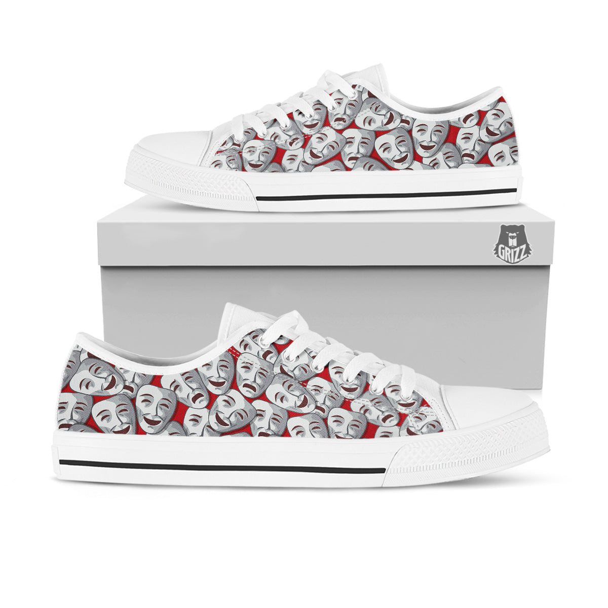 Happy And Sad Theatrical Masks Print Pattern White Low Top Shoes-grizzshop