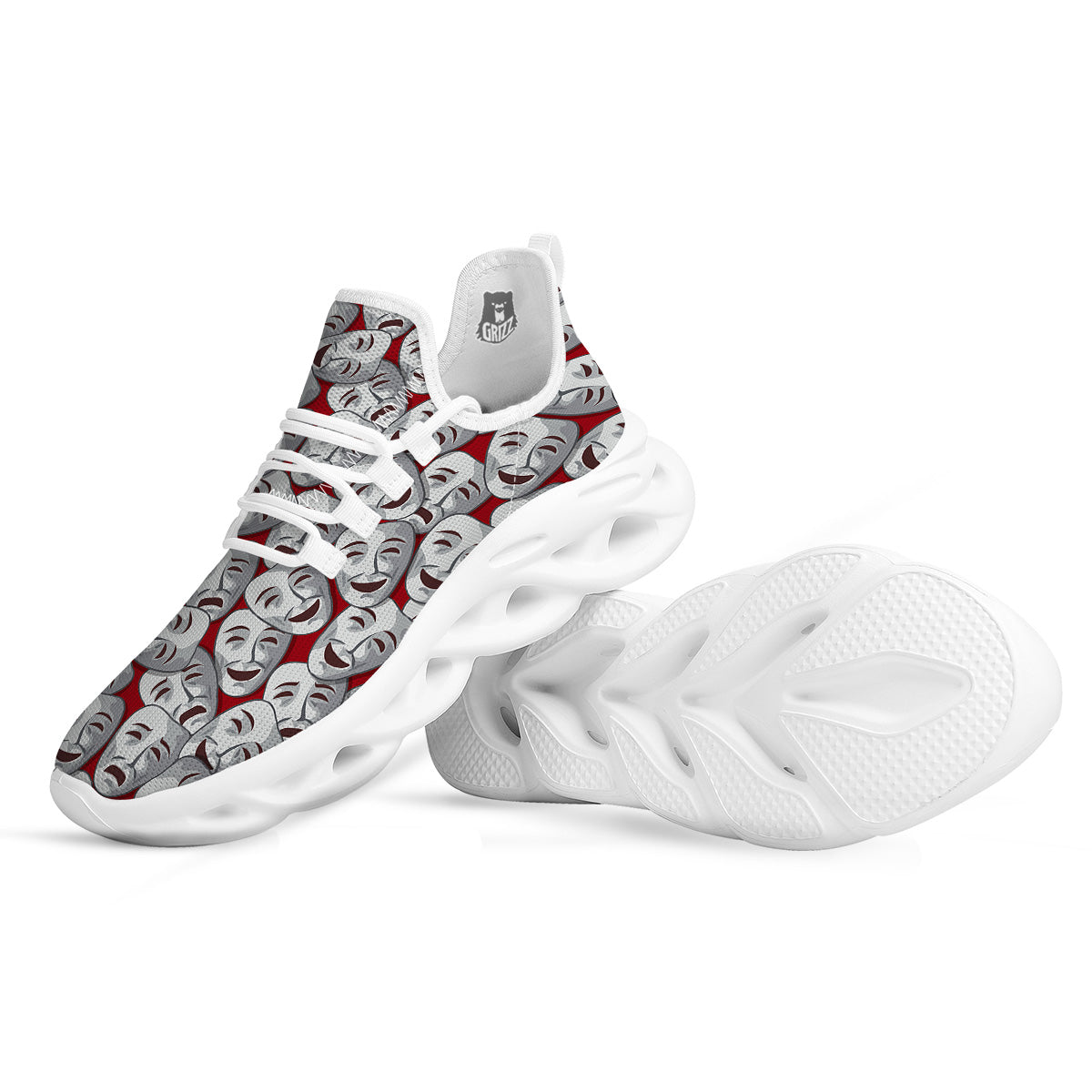 Happy And Sad Theatrical Masks Print Pattern White Running Shoes-grizzshop