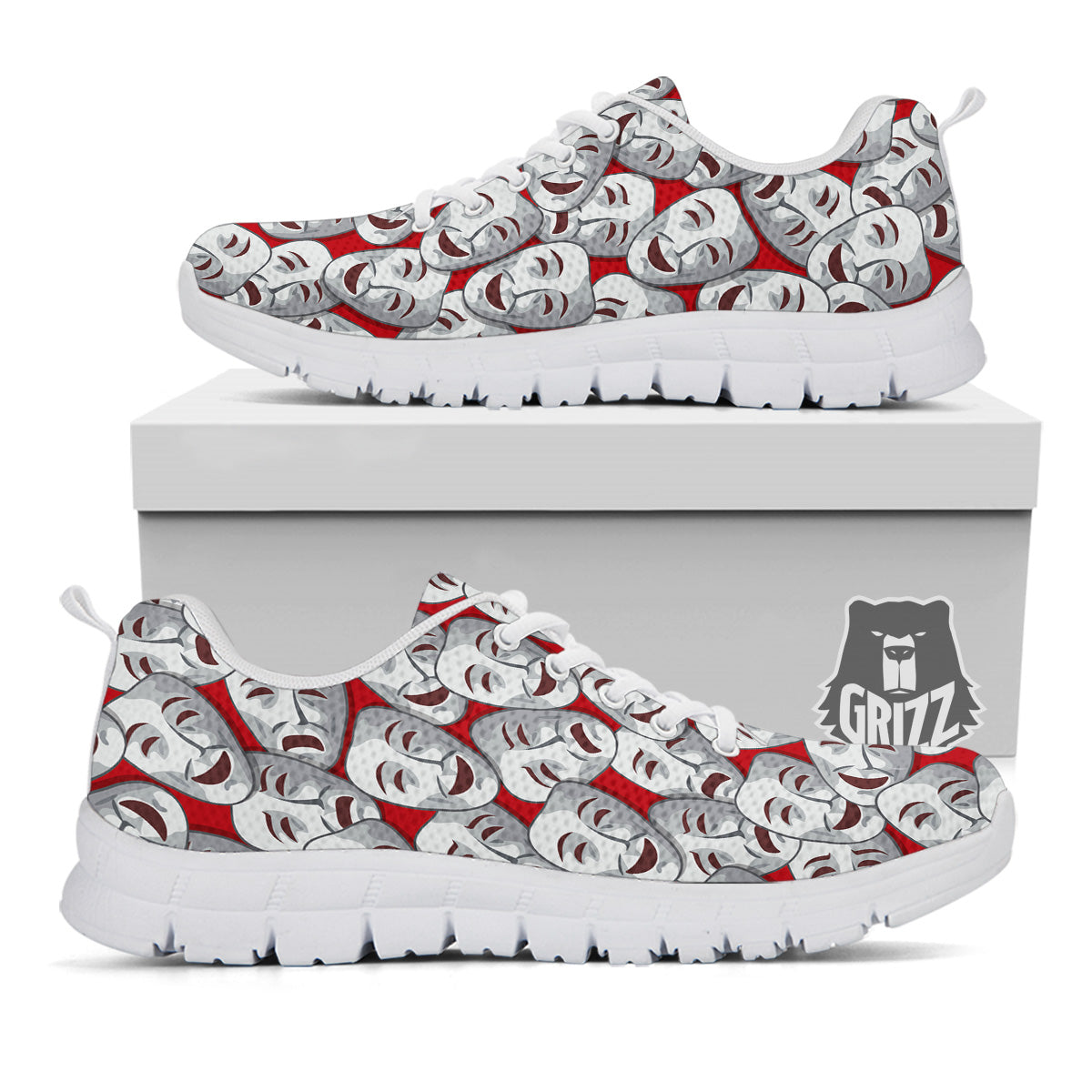 Happy And Sad Theatrical Masks Print Pattern White Sneaker-grizzshop
