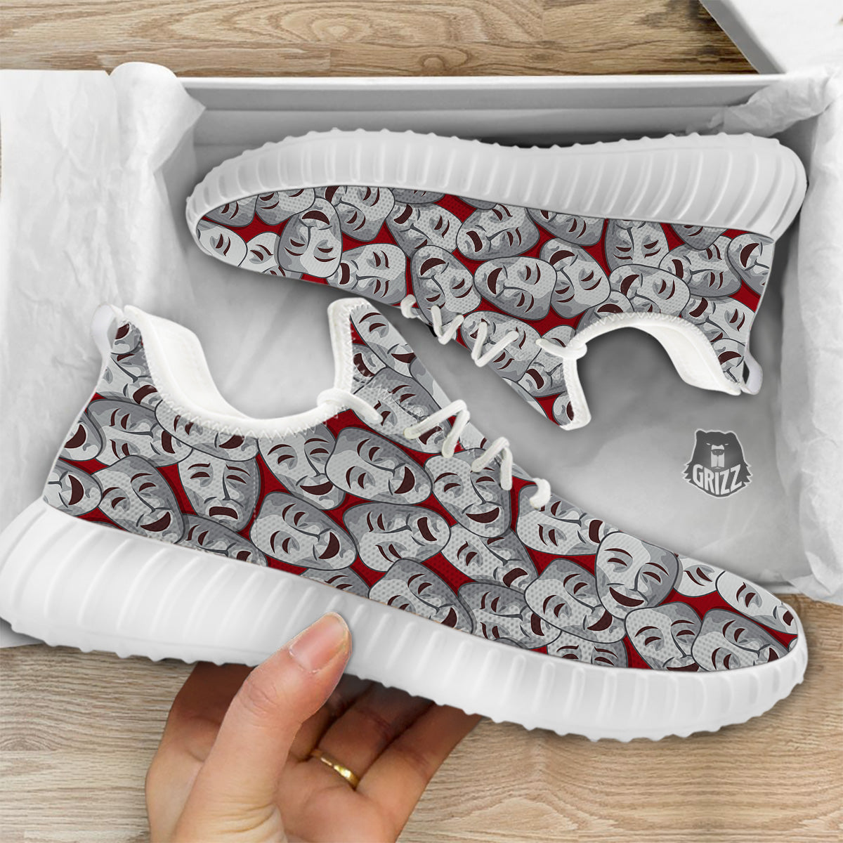 Happy And Sad Theatrical Masks Print Pattern White Walking Shoes-grizzshop
