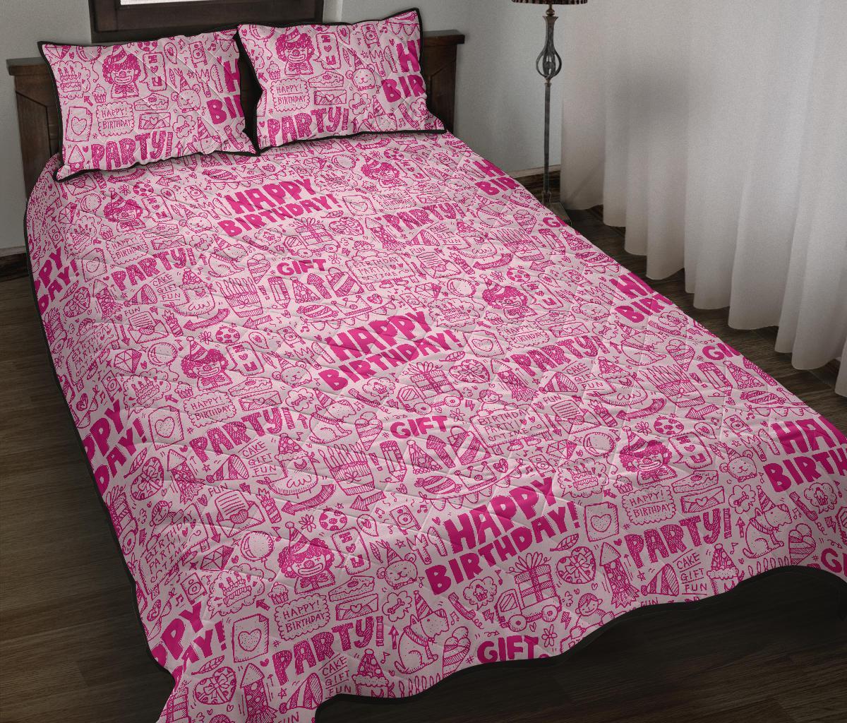 Happy Birthday Pattern Print Bed Set Quilt-grizzshop