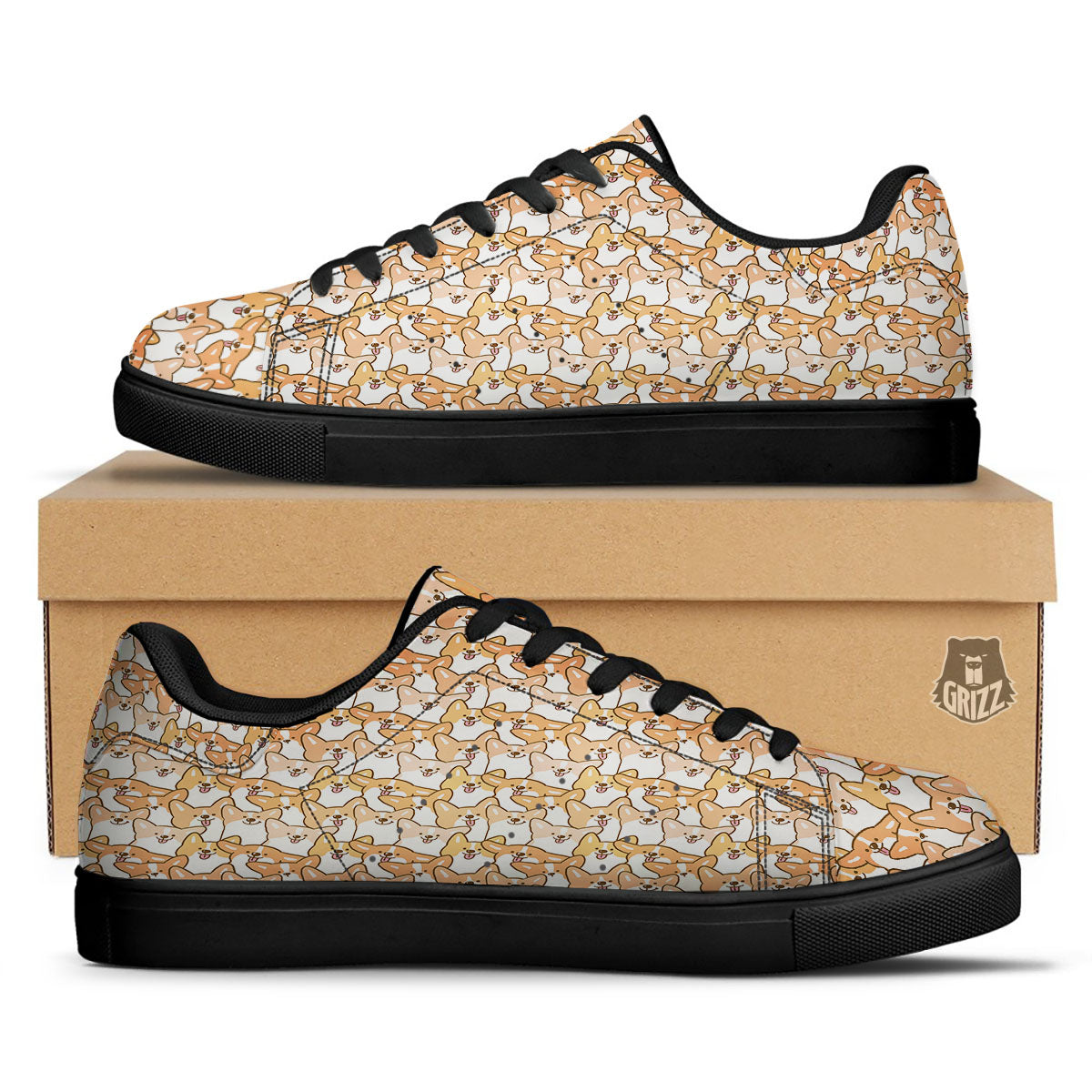 Happy Corgi Print Pattern Black Low Top Sneakers-grizzshop