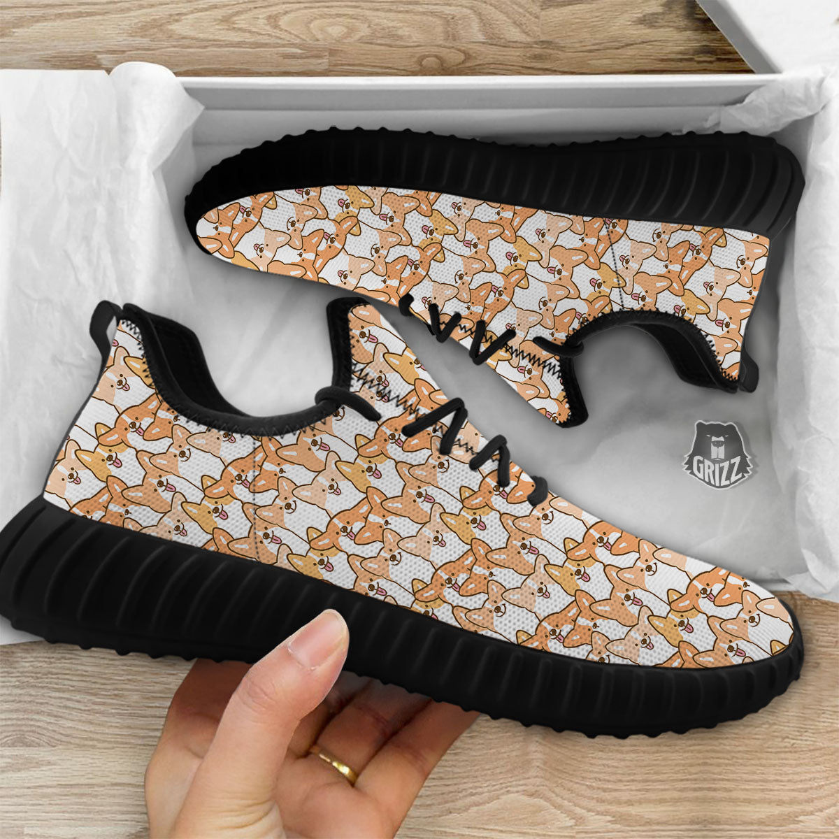 Happy Corgi Print Pattern Black Walking Shoes-grizzshop