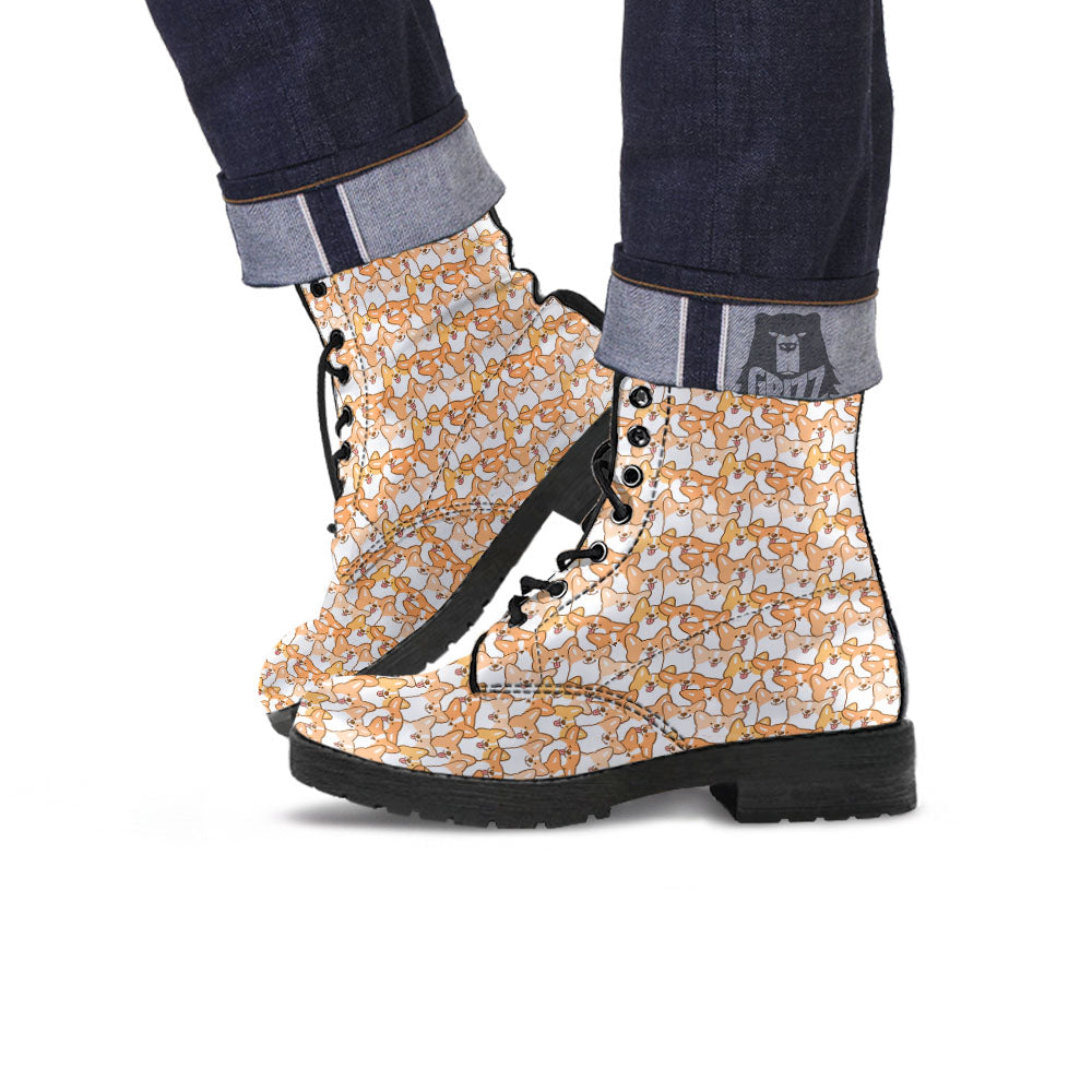 Happy Corgi Print Pattern Leather Boots-grizzshop