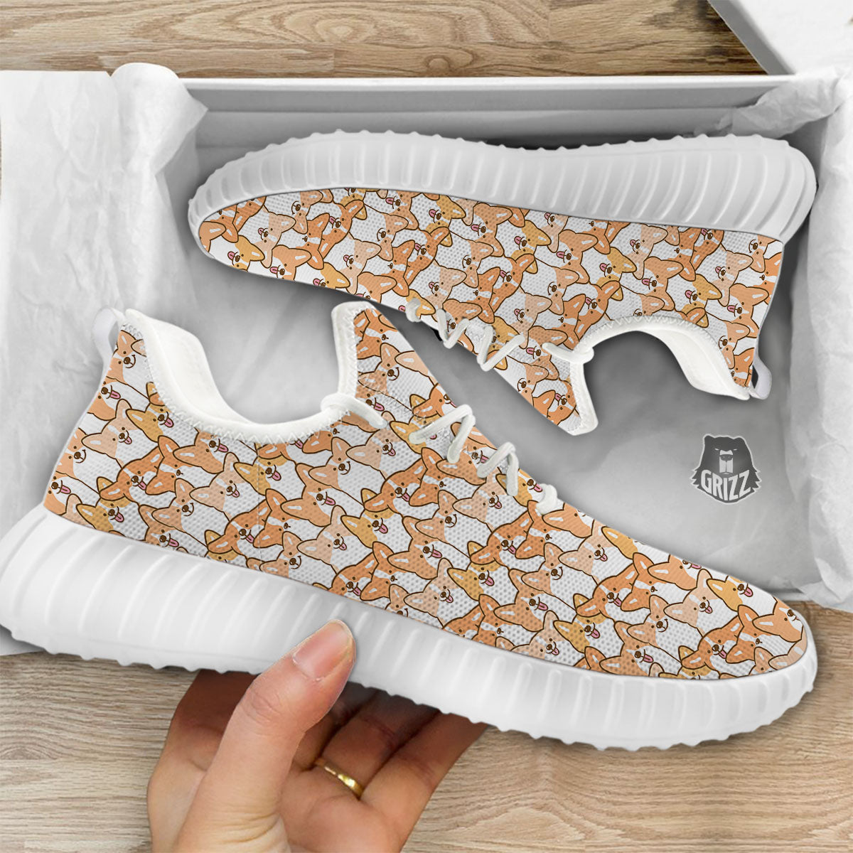 Happy Corgi Print Pattern White Walking Shoes-grizzshop