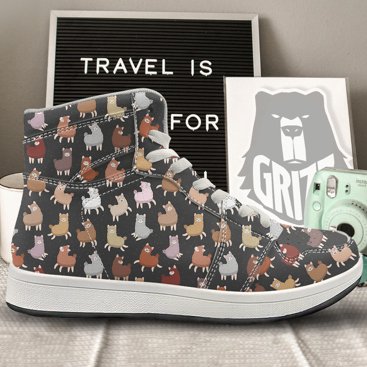 Happy Llama Print Pattern High Top Sneakers-grizzshop