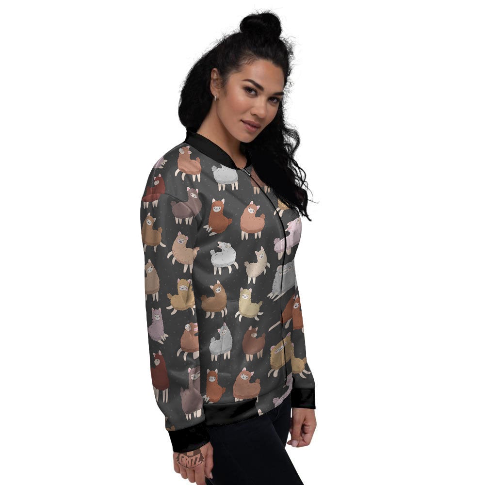 Happy Llama Print Pattern Women's Bomber Jacket-grizzshop