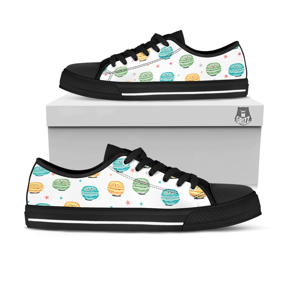 Happy Macarons Print Pattern Black Low Top Shoes-grizzshop