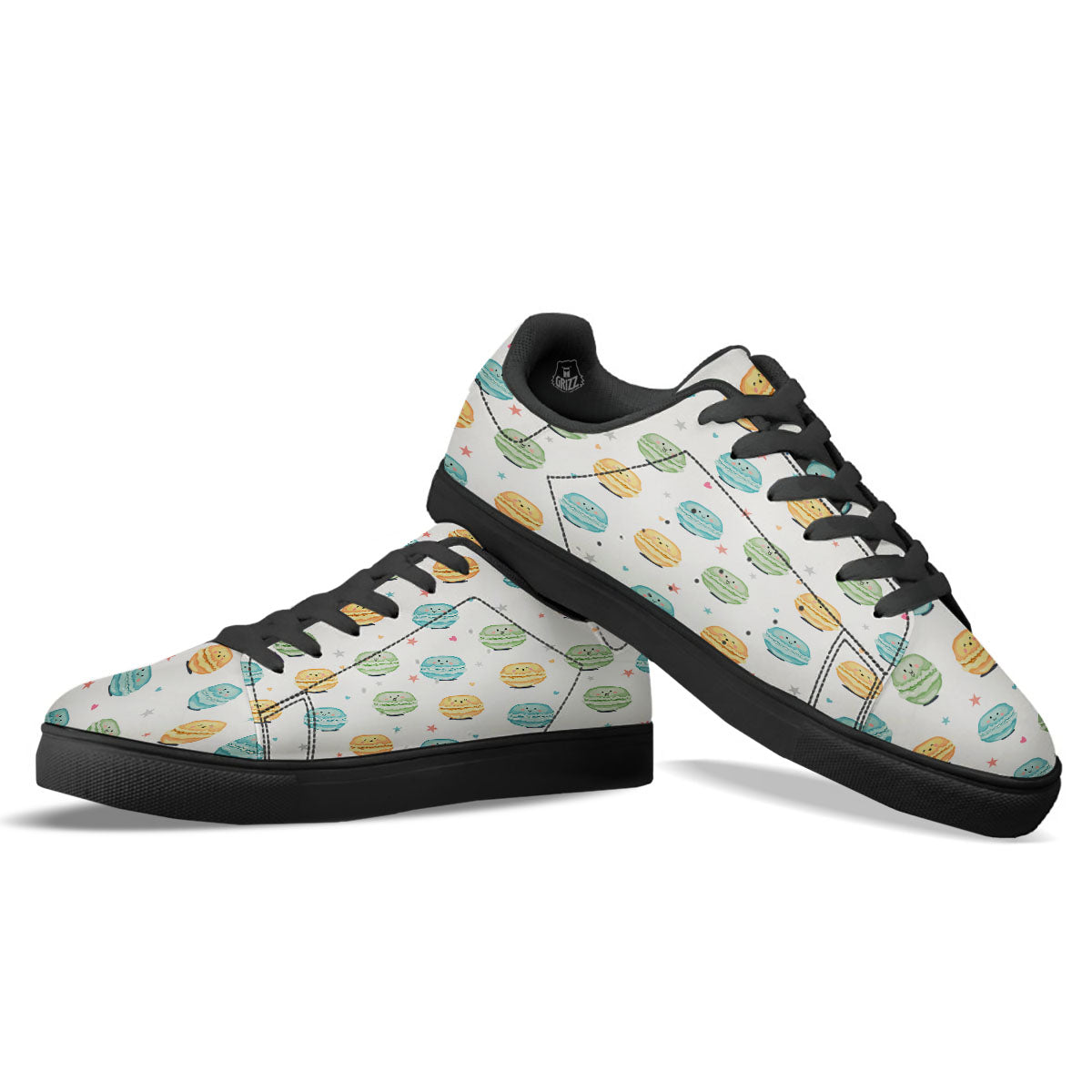 Happy Macarons Print Pattern Black Low Top Sneakers-grizzshop
