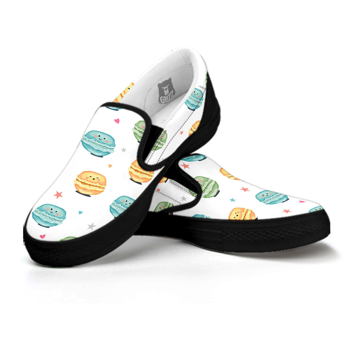 Happy Macarons Print Pattern Black Slip On Shoes-grizzshop