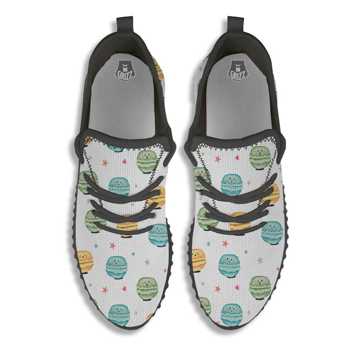 Happy Macarons Print Pattern Black Walking Shoes-grizzshop