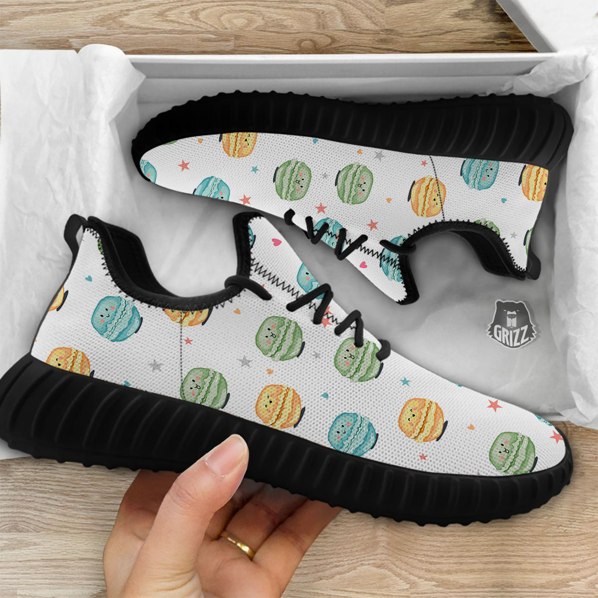 Happy Macarons Print Pattern Black Walking Shoes-grizzshop