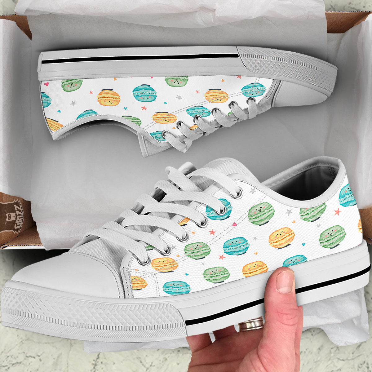 Happy Macarons Print Pattern White Low Top Shoes-grizzshop