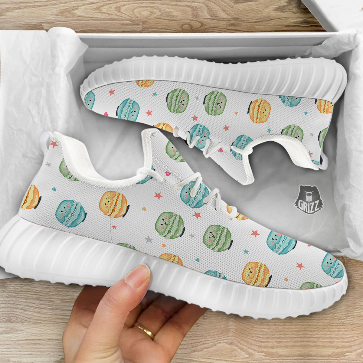 Happy Macarons Print Pattern White Walking Shoes-grizzshop