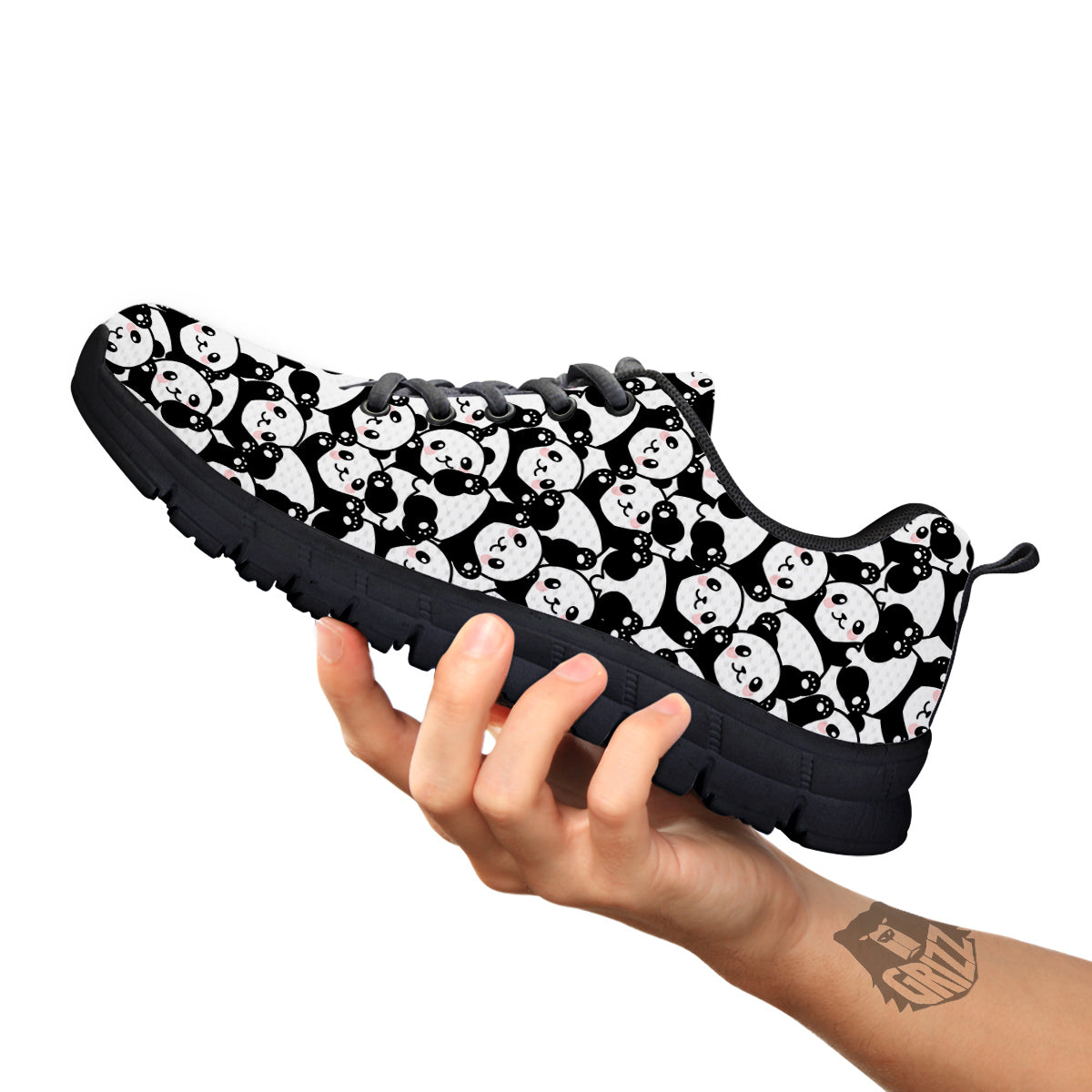 Happy Panda Cute Print Pattern Black Sneaker-grizzshop