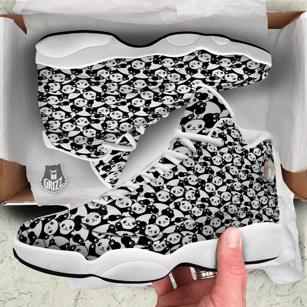 Happy Panda Cute Print Pattern White Basketball Shoes-grizzshop